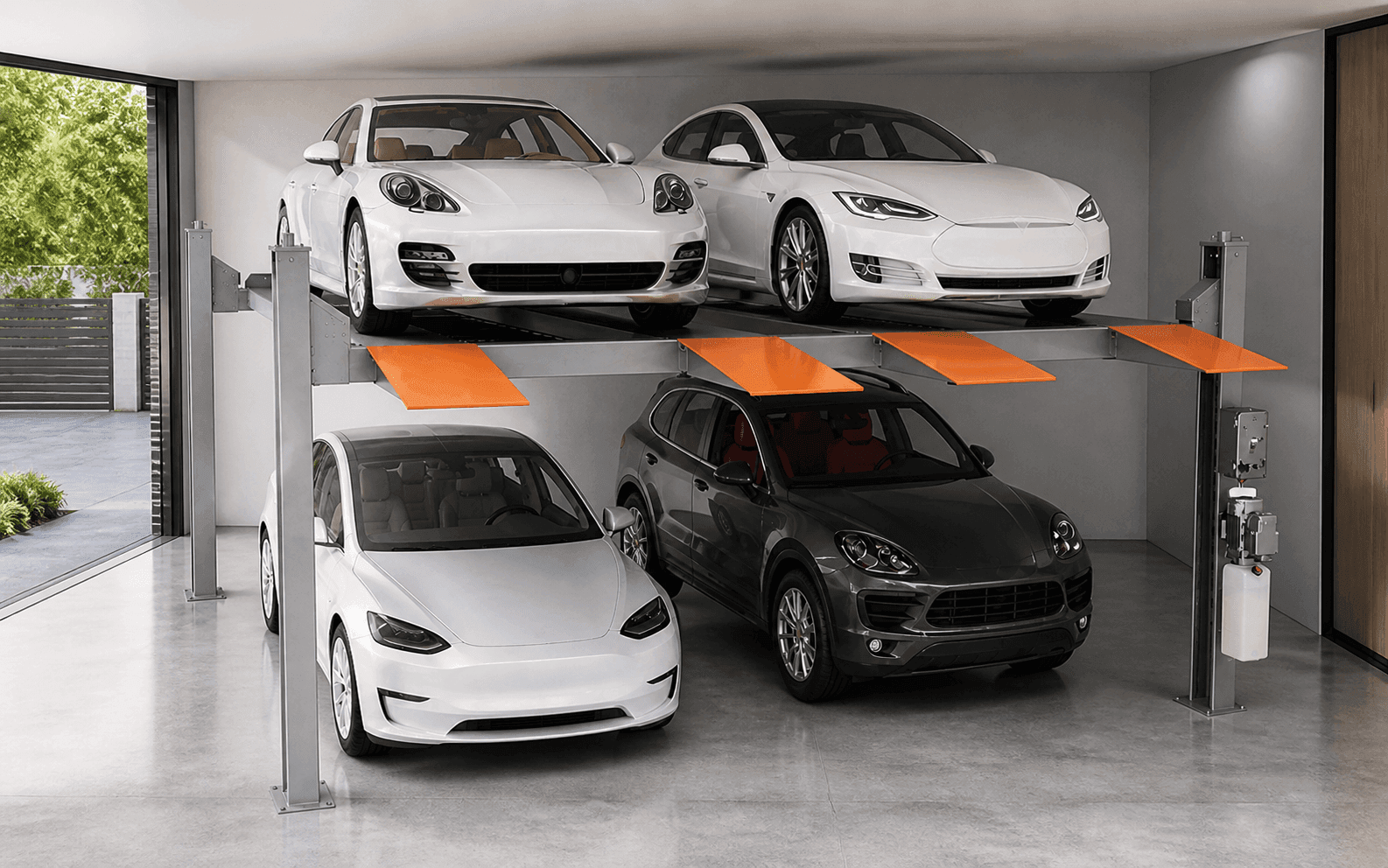 Dual-Platform Four-Post Parking Lift: Four vehicles in two clear parking bays