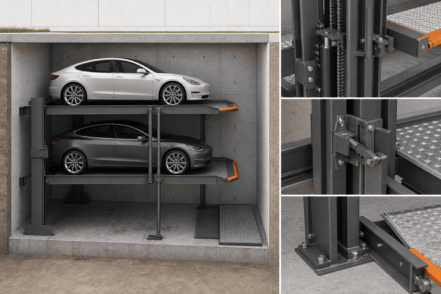Tilting Pit Parking System: Three-level underground parking lift